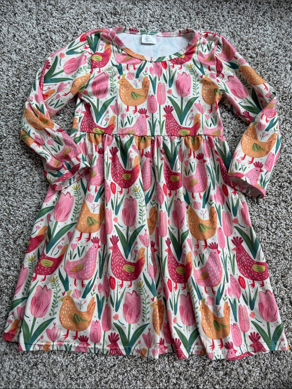 Amazon Girls Floral & Chicken Print Long Sleeve Dress - Pink, Green, Yellow